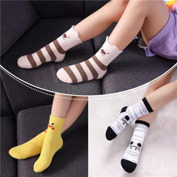 6 Pairs, Kids Fuzzy Socks with Grips Non Slip Fluffy Winter Warm Crew Socks - Picture 3 of 6